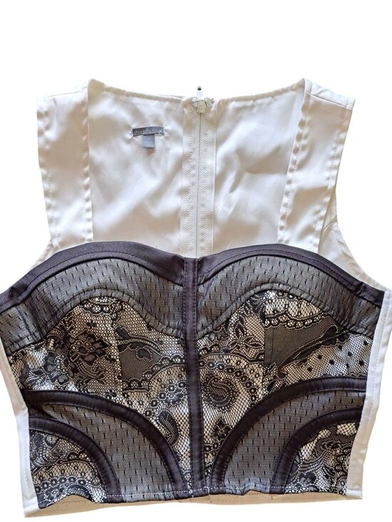Charlotte Russe Tops - Y2K Charlotte Russe White Satin Sleeveless Crop Top Black Lace Overlay Zip Small